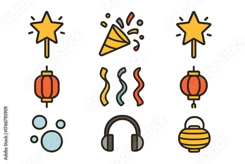 Bright colorful party celebration elements including star wands confetti poppers and lanterns