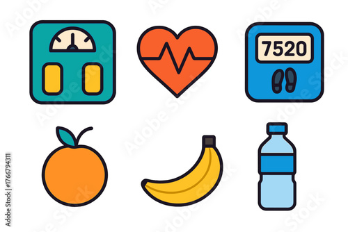 Colorful health fitness and nutrition symbols including scale heart rate monitor fruit and water bottle