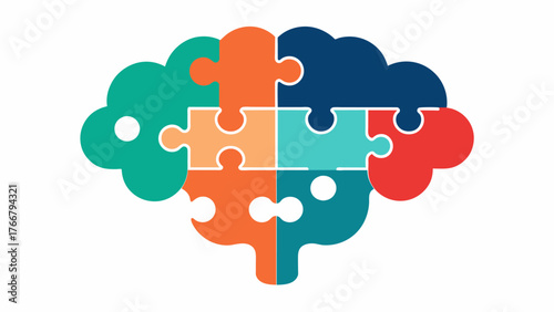 A brain with puzzle pieces that fit perfectly showing how reminiscence kits can help piece together a persons past and create a cohesive and meaningful narrative.. Vector illustration