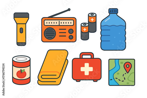Emergency preparedness kit essentials collection with flashlight radio water and first aid supplies