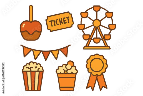 Amusement park fairground elements including Ferris wheel candy apple ticket and popcorn