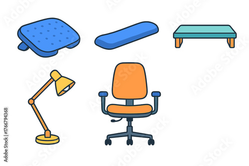 Set of ergonomic office accessories including adjustable chair, desk lamp, and footrests