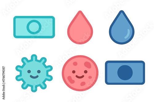 Set of cute medical and financial symbols including blood drops, water drops, bacteria, and cash