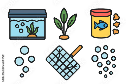 Set of colorful icons representing essential equipment and supplies for fish tank maintenance