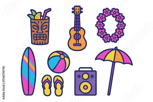 Colorful set of tropical vacation elements including tiki cocktail, surfboard, beach umbrella, and ukulele