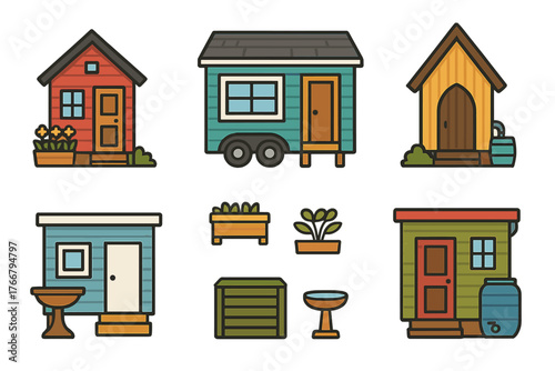 Colorful tiny houses, garden sheds, and outdoor backyard accessories
