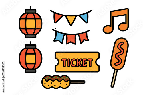 Set of festival and fair symbols including food decorations and entertainment items