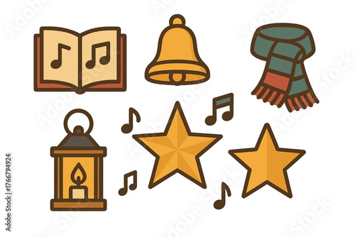 Set of festive winter holiday icons including caroling songbook, bell, and warm scarf