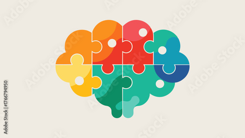 A brain with puzzle pieces interlocking and various colors representing the impact of mental stimulation and problemsolving on overall brain health.. Vector illustration