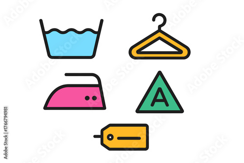 Simple graphic symbols set for clothing care, washing, ironing, and dry cleaning services