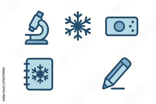 Microscope snowflake camera notebook and pencil icons for winter science research and documentation