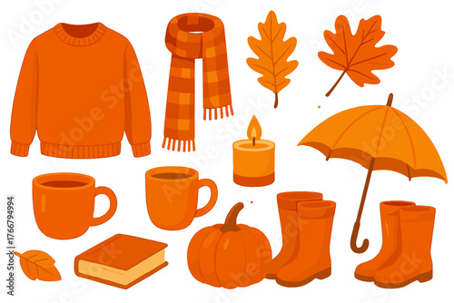 Cozy autumn elements set featuring orange sweater, scarf, umbrella, pumpkin, boots, and hot drinks