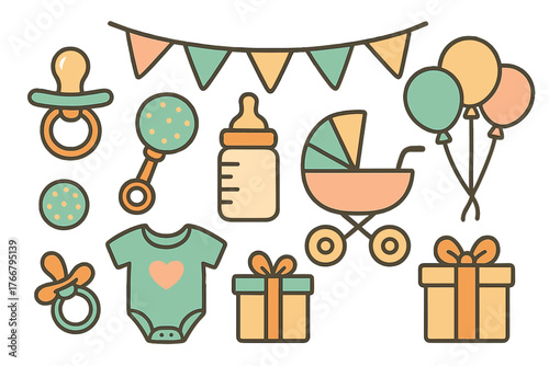 Collection of newborn baby care items and party decorations for a baby shower