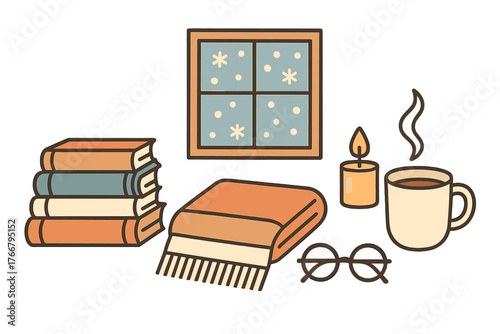 Cozy winter scene with stacked books, warm blanket, steaming mug, lit candle, and snowy window view