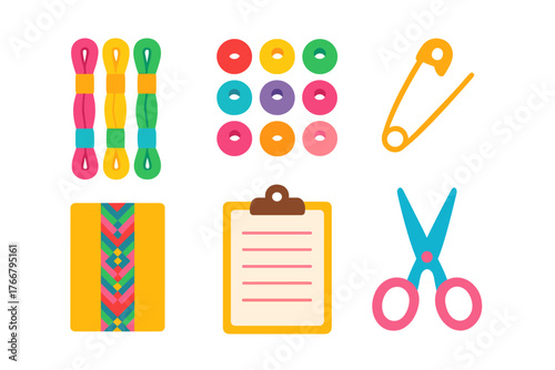Colorful collection of crafting supplies and sewing accessories including thread, beads, scissors, and safety pin