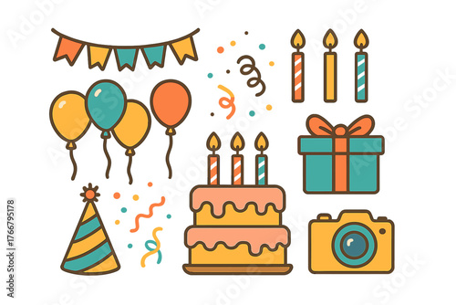 Set of colorful birthday party celebration elements including cake balloons gift and confetti