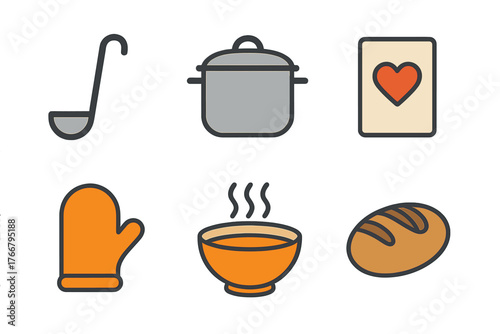 Set of kitchenware and food symbols including cooking pot, ladle, oven mitt, soup bowl, and bread