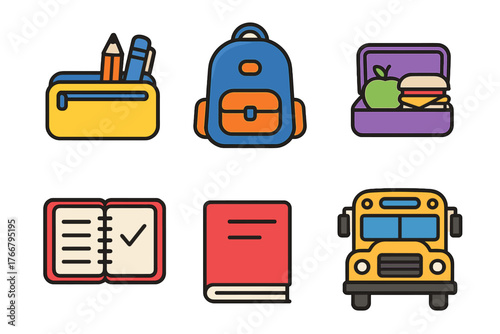Essential school supplies and student items including backpack, lunchbox, books, and yellow bus