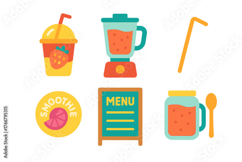 Colorful set of smoothie preparation elements: blender, drink cup, menu board, and jar