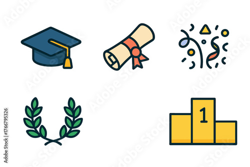 Academic success icons set featuring graduation cap, diploma, laurel wreath, and podium
