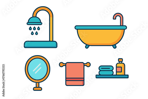 Colorful bathroom elements set including shower, bathtub, mirror, towel, and toiletries