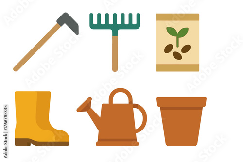 Essential gardening tools and supplies set including rake, hoe, seeds, boots, watering can, and pot