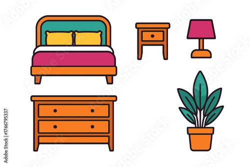 Colorful bedroom furniture and decor set including bed nightstand dresser lamp and potted plant