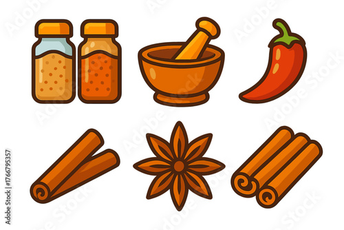 Culinary spices and kitchen equipment icons including chili pepper and star anise