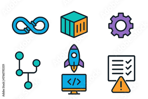 DevOps software development process icons set including CI CD container configuration and deployment