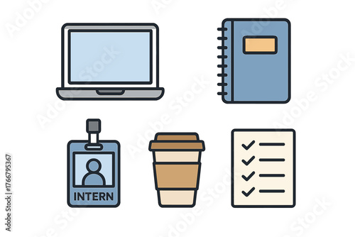 Essential icons set for office work and internship featuring laptop, badge, coffee, and checklist