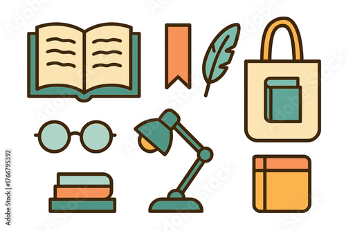 Open book, reading glasses, stack of books, desk lamp, quill, bookmark, and tote bag