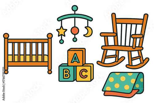 Set of essential baby nursery items including crib, rocking chair, mobile, blocks, and blanket
