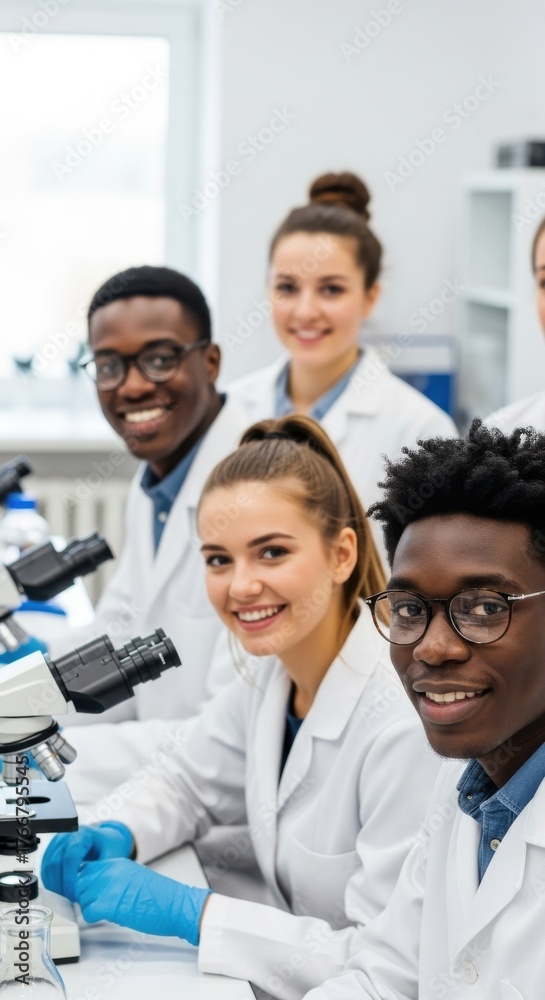 Fototapeta premium Students engaged in laboratory work with microscopes at a science facility