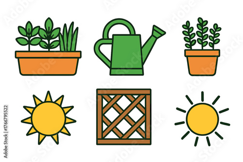Potted plants watering can sun and wooden crate symbols for gardening