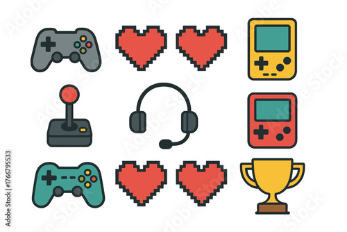 Retro gaming icons collection featuring controllers, joystick, handheld consoles, pixel hearts, and trophy symbols