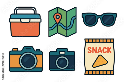 Essential items for summer travel and outdoor picnic activities including cooler map sunglasses and cameras