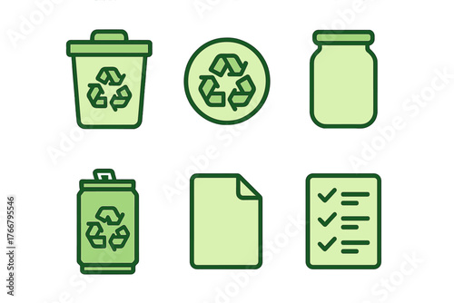 Green recycling and waste management symbols including trash bin, can, jar, paper, and checklist