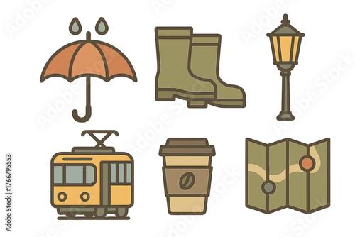 Stylized icons representing urban travel, rainy weather, tram, umbrella, boots, and coffee cup