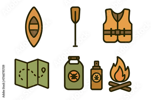Essential outdoor recreation and camping equipment featuring canoe paddle life vest map and campfire