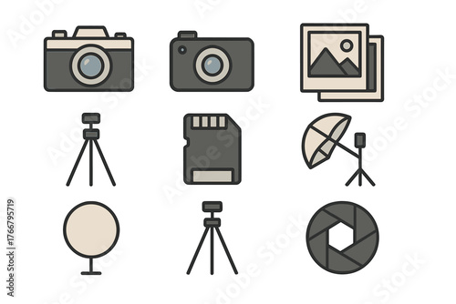 Set of digital cameras, tripods, memory storage, and studio lighting accessories