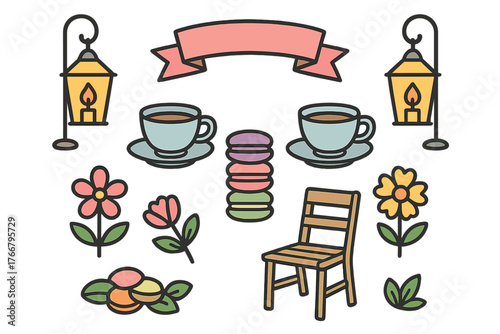 Cozy cafe and garden elements collection featuring coffee cups, lanterns, flowers, macarons, and chair