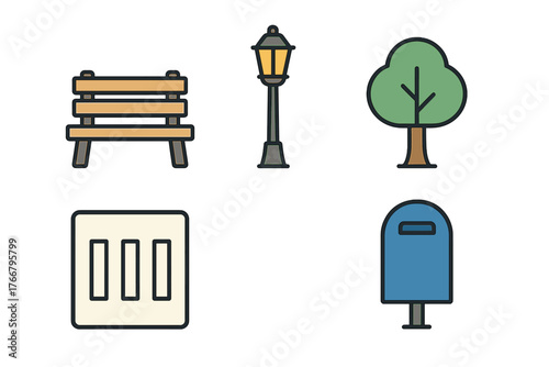 Outdoor public space elements including park bench street lamp tree and mailbox