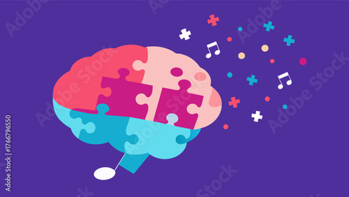 A brain with puzzle pieces falling into place symbolizing the effect of personalized music playlists in improving cognitive function and memory recall.. Vector illustration