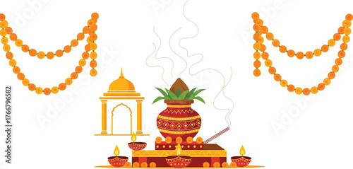 Traditional indian kalash with mango leaves and diya lamps for auspicious occasions isolated on transparent background