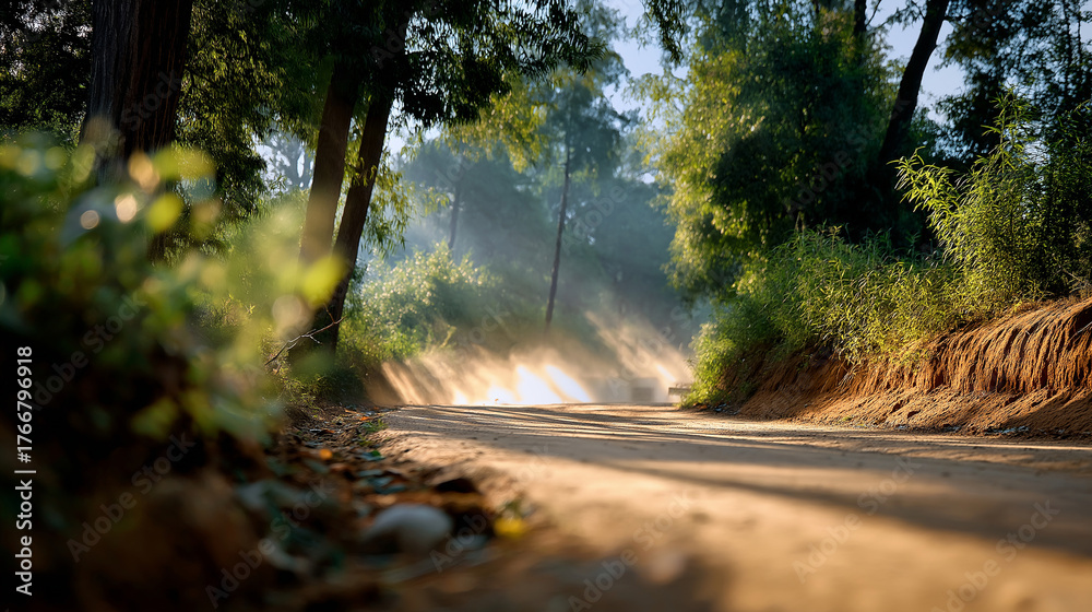Obraz premium Defocused wide shot showing vehicles grading a dirt road surrounded by green canopy, warm rays filtering through dust, with copy space.