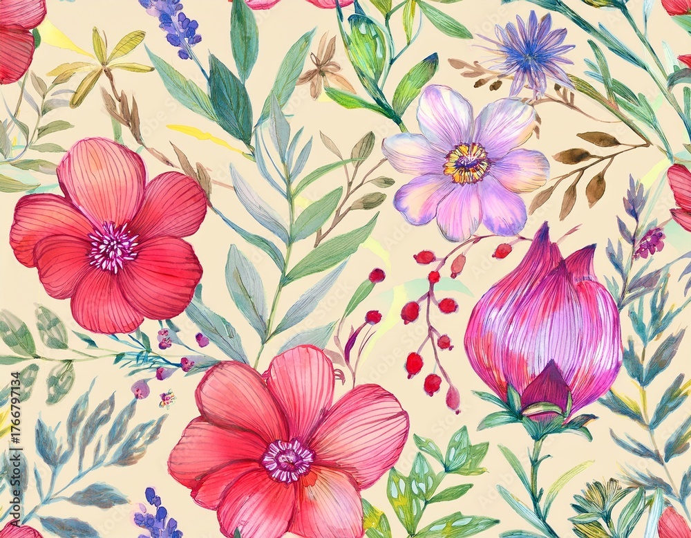 Obraz premium watercolor bloom seamless pattern sketchy botanical art for delicate fabrics and decor