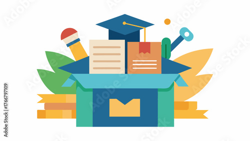 A box filled with report cards school projects and graduation tassels symbolizing a persons academic achievements and the memories of their education.. Vector illustration