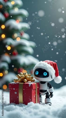 A small robot stands in fresh snow, holding a red gift box. Snowflakes fall gently around it, and a beautifully decorated Christmas tree is visible in the background.