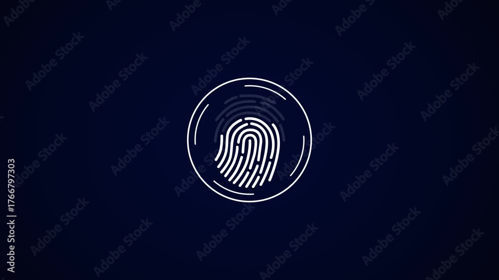 Hi-tech glowing circle security fingerprint scanner. Futuristic digital fingerprint scanner interface with glowing blue elements, representing biometric security, technology innovation