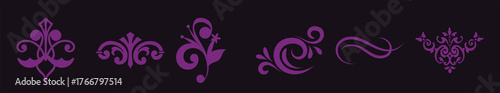 Collection of elegant purple ornamental flourishes and decorative elements on a dark background